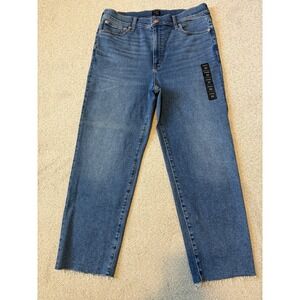 J Crew Stovepipe Womens Straight Jeans 33 Blue Frayed Hem High Rise Stretch NEW